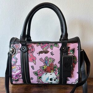 Ed Hardy Pink Handbag & Crossbody Bag Pink Floral & Skull Tattoo Style
Print NWT